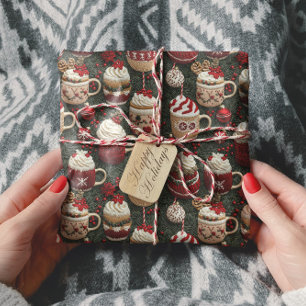 Papier Cadeau Coca chaud Noël Arbre Tasses Motif nuptié