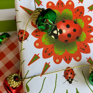 Papier Cadeau Coccinelle de Noël Rouge, Vert et Blanc