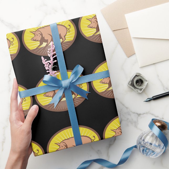 Papier Cadeau Cochon de ferme rétro avec Sunburst (Créateur téléchargé)