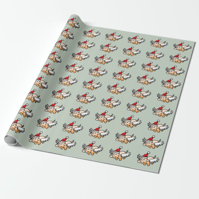 Papier Cadeau Cochon de Noël volant (Déroulé)