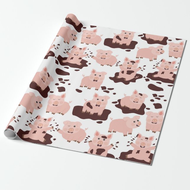 Papier Cadeau Cochons mignons jouant dans les animaux de la ferm (Déroulé)