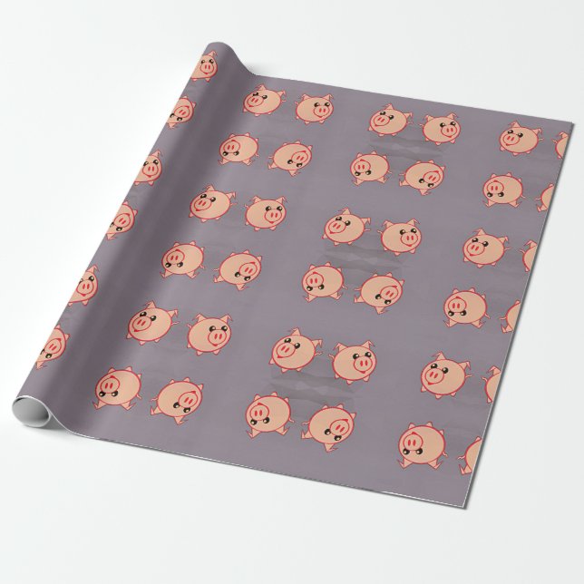 Papier Cadeau Cochons roses motif sur gris (Déroulé)