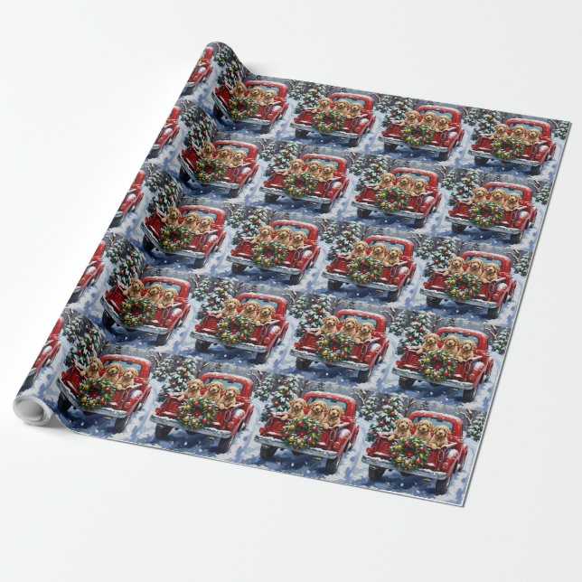 Papier Cadeau Cockapoo camion rouge de Noël vacances (Déroulé)