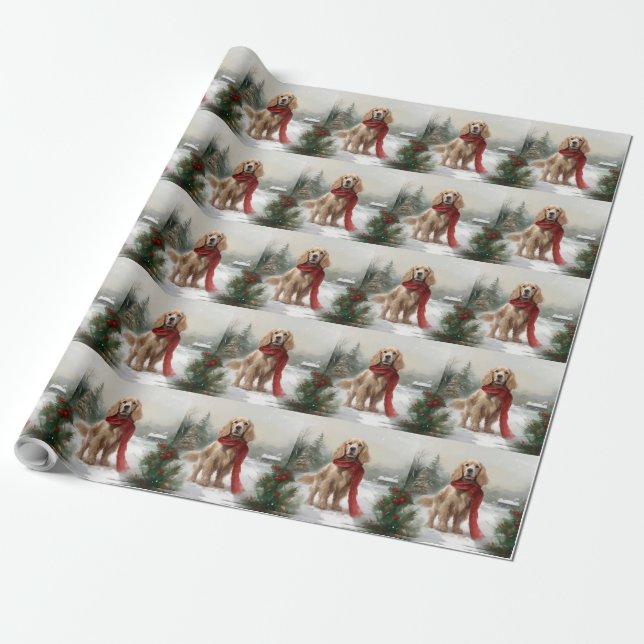 Papier Cadeau Cocker Spaniel Chien dans Noël de neige (Déroulé)