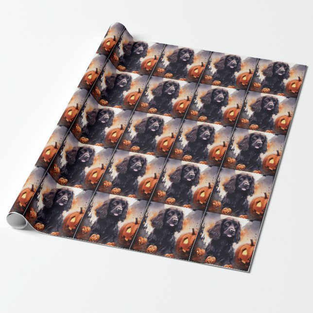 Papier Cadeau Cocker Spaniel d'Halloween avec des citrouilles (Déroulé)