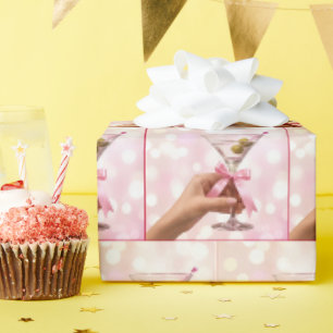 Papier Cadeau Cocktail Martini avec nœud en satin rose