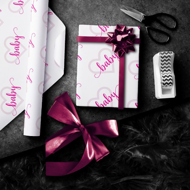 Papier Cadeau Coeur bébé | Script de floraison rose chaud (Créateur téléchargé)