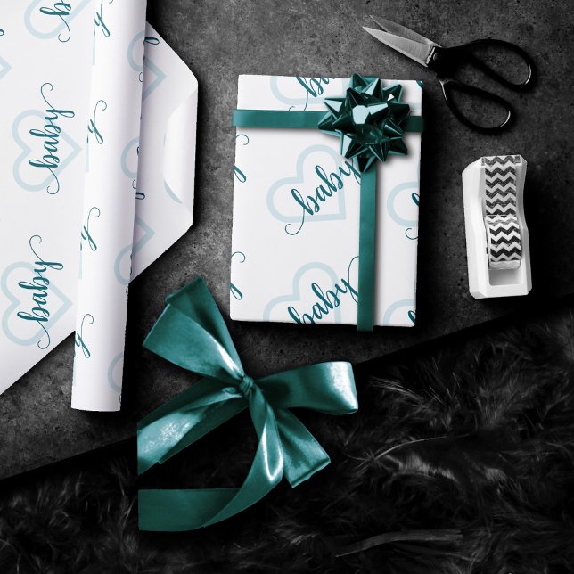 Papier Cadeau Coeur bébé | Script turquoise de floraison verte d (Créateur téléchargé)