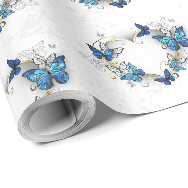 Papier Cadeau Coeur bijoux avec papillons Morpho (Coin rond)