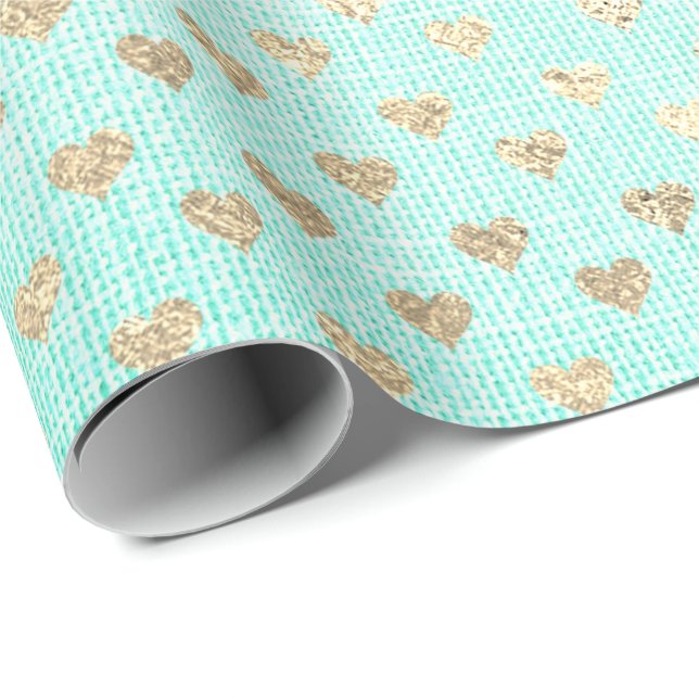 Papier Cadeau Coeur Confetti Metallic Tiffany Aqua Gold Linen (Coin rond)