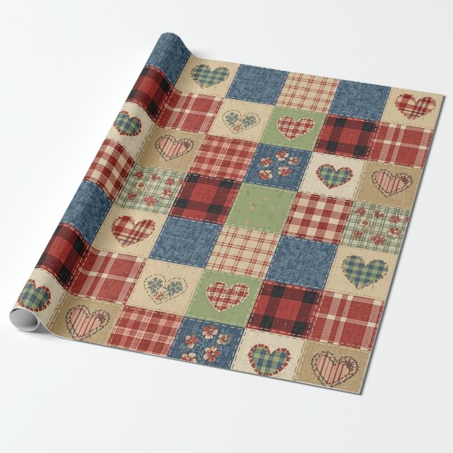 Papier Cadeau Cœur de courtepoint de campagne Patchwork Rouge Bl (Déroulé)