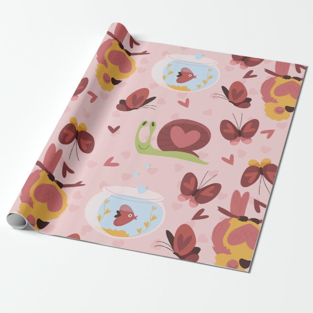 Papier Cadeau coeur de l'escargot amour papillons romance valent (Déroulé)