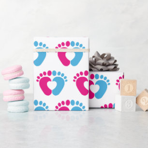 Papier Cadeau Cœur d'empreinte de pied de bébé rose et bleu