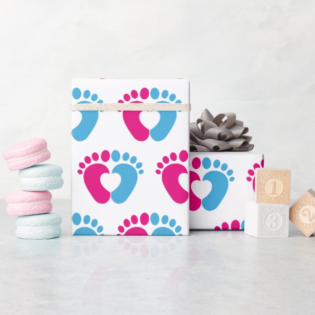 Papier Cadeau Cœur d'empreinte de pied de bébé rose et bleu  (Baby Shower)