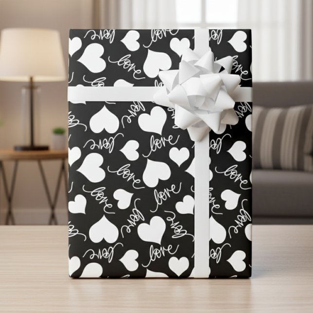 Papier Cadeau Cœur et Amour Calligraphique Noir & Blanc Fantaisi (Black & White Whimsical Cursive Love & Hearts Wrapping Paper)
