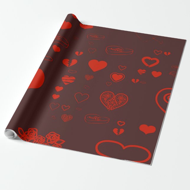 Papier Cadeau Coeur mignon Moderne Orange Rouge (Déroulé)
