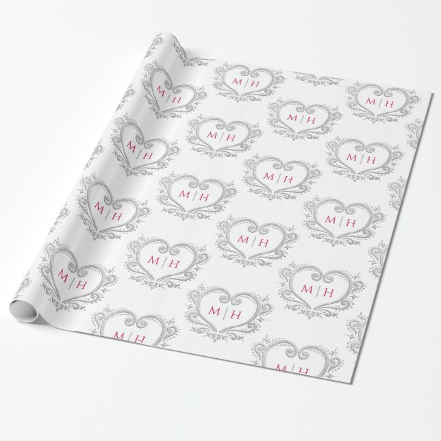 Papier Cadeau Coeur monogramme argent baie rouge blanc mariage (Déroulé)