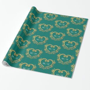 Papier Cadeau Coeur monogramme or sur mariage vert foncé