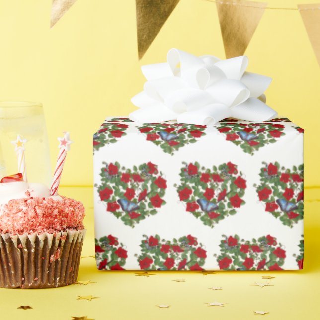 Papier Cadeau Coeur Petunia Rouge Avec Papillon Bleu (Fête d'anniversaire)