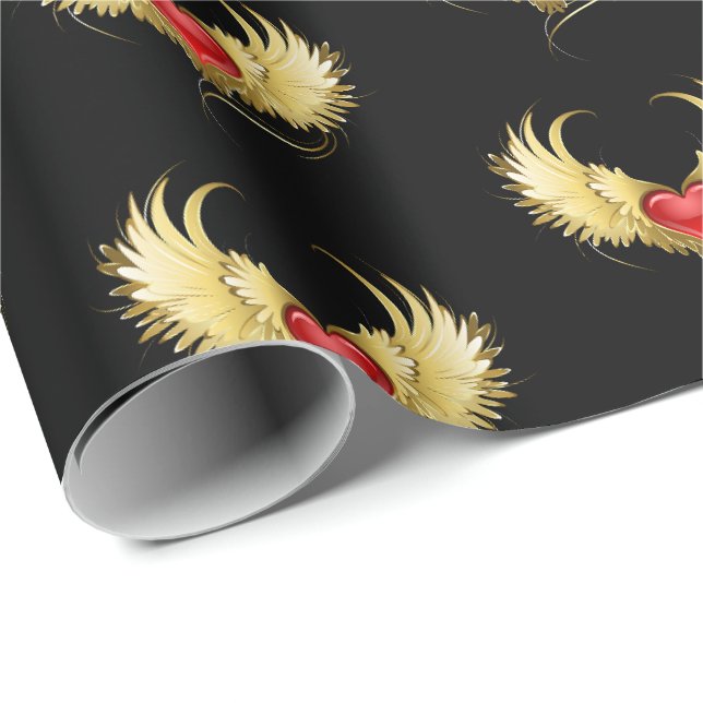 Papier Cadeau Coeur rouge avec ailes d'or (Coin rond)