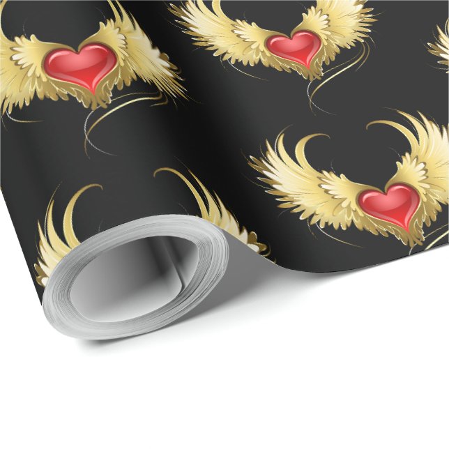 Papier Cadeau Coeur rouge avec ailes d'or (Coin rond)