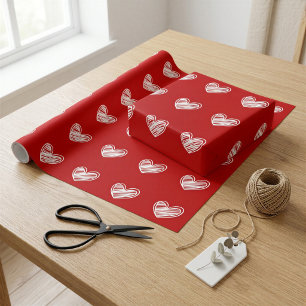 Papier Cadeau Cœur Rouge Scandinave