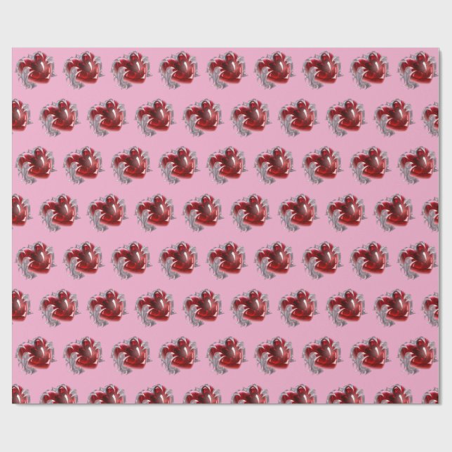 Papier cadeau cœur rouge sur fond rose amour (Plat)
