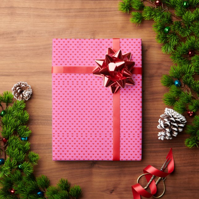 Papier Cadeau Cœurs à gogo, cœurs rouges sur fond rose, (Cadeau de vacances)