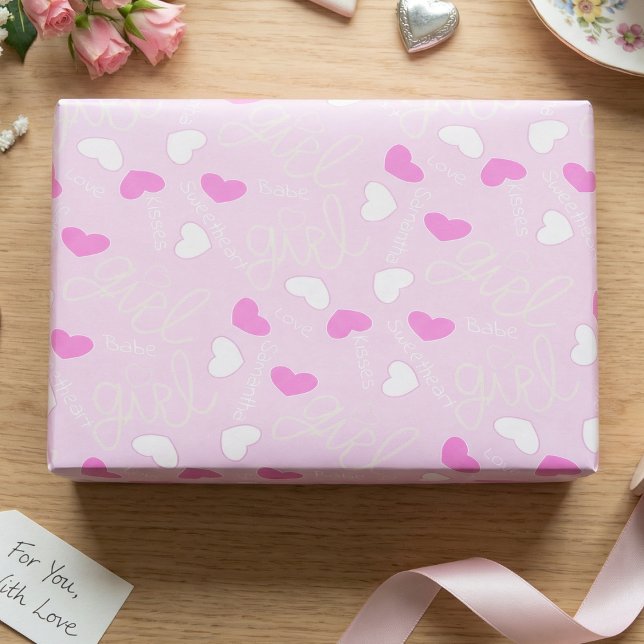 Papier Cadeau Cœurs Amour Rose Pastel (Sweet pink candy hearts all over. Perfect for Valentine, birthdays, or baby showers. Girly and fun.)