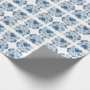 Papier Cadeau Cœurs aquarelle floraux bleu de Delft