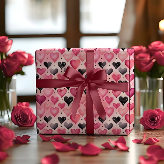 Papier Cadeau Cœurs aquarelles enchanteurs | Motif à pois (Enchanting Watercolor Hearts and Polka Dots Pink and Black Pattern Wrapping Paper)