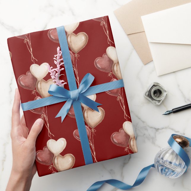 Papier Cadeau Cœurs Ballons Amour Rouge Crème  (Cadeaux)