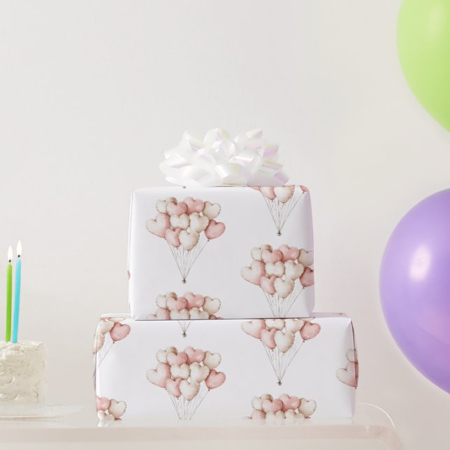 Papier Cadeau Cœurs Ballons Anniversaire Crème Rose   (Cadeaux de fête)