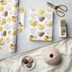 Papier Cadeau Cœurs blancs or chocolat anniversaire