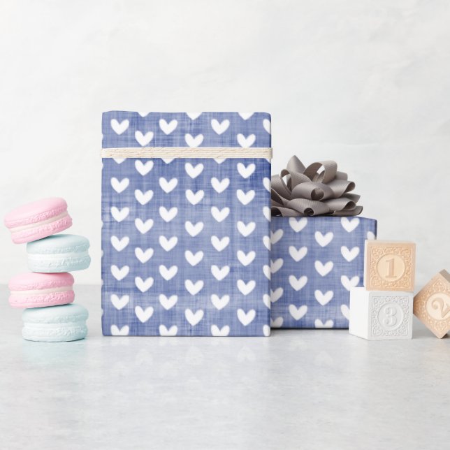 Papier Cadeau Cœurs blancs sur lin bleu foncé (Baby Shower)
