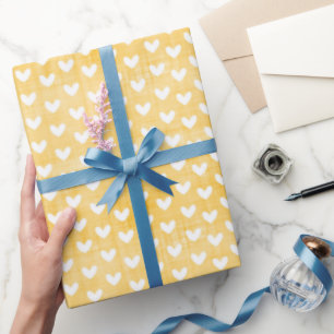 Papier Cadeau Cœurs blancs sur lin jaune moutarde