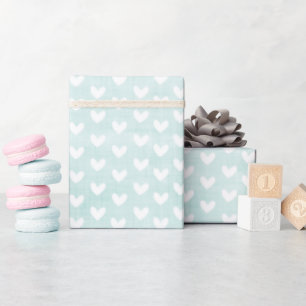 Papier Cadeau Cœurs blancs sur lin vert pâle