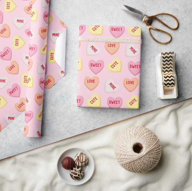 Papier Cadeau Coeurs bonbons mignons texte modifiable rose orang (Artisanat)