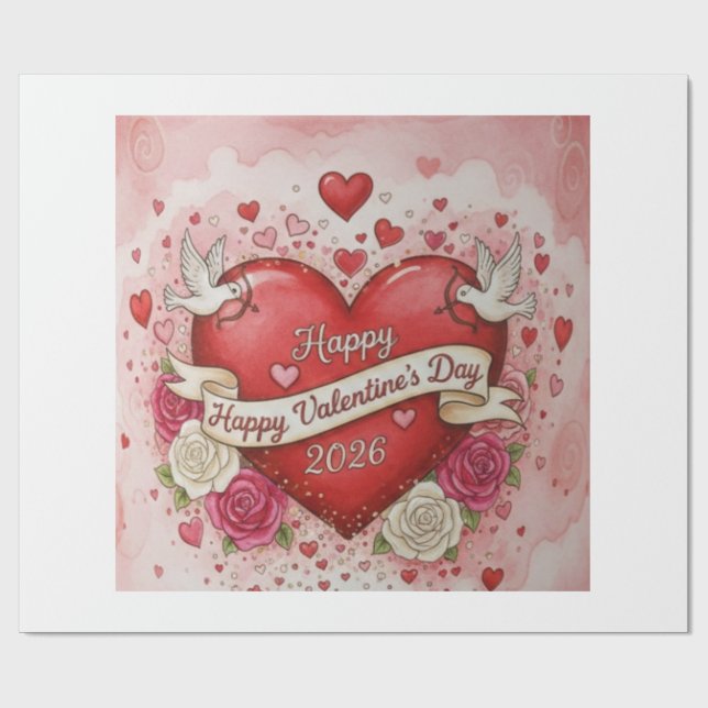 Papier Cadeau Cœurs & Colombes - conception de la Saint-Valentin (Plat)