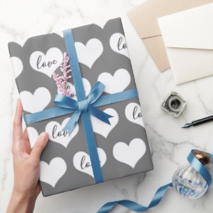Papier Cadeau Coeurs d'amour sur Grey