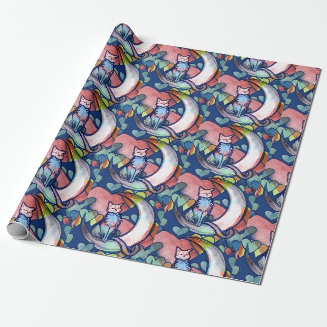 Papier Cadeau Coeurs d'amoureux de la lune de chat (Déroulé)