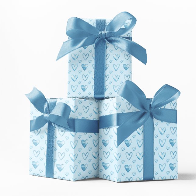Papier Cadeau Coeurs d'aquarelle bleu bébé (Baby Blue Watercolor Hearts Wrapping Paper)