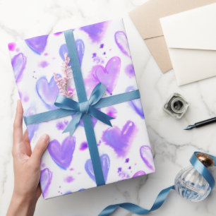 Papier Cadeau Coeurs d'aquarelle passion violet