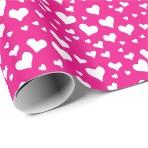 Papier Cadeau Coeurs de balaie blanche sur Fuchsia rose