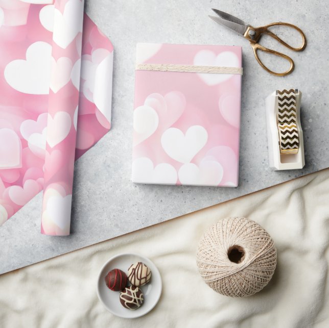 Papier Cadeau Coeurs De Bokeh Rose Et Blanc (Artisanat)