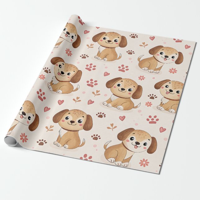 Papier Cadeau Cœurs de chiot mignons motif aquarelle (1) (Déroulé)