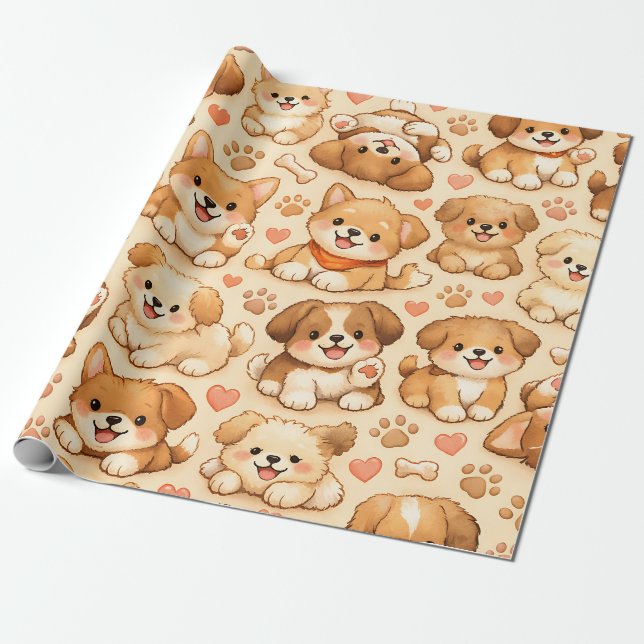 Papier Cadeau Cœurs de chiot mignons motif aquarelle (2) (Déroulé)
