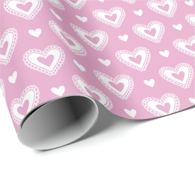 Papier Cadeau Coeurs de dentelle rose romantique Saint-Valentin  (Coin rond)