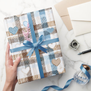 Papier Cadeau Cœurs de garçon et carreaux vérifiés