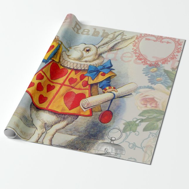 Papier Cadeau Cœurs de Lapin Blanc Alice Classique (Déroulé)